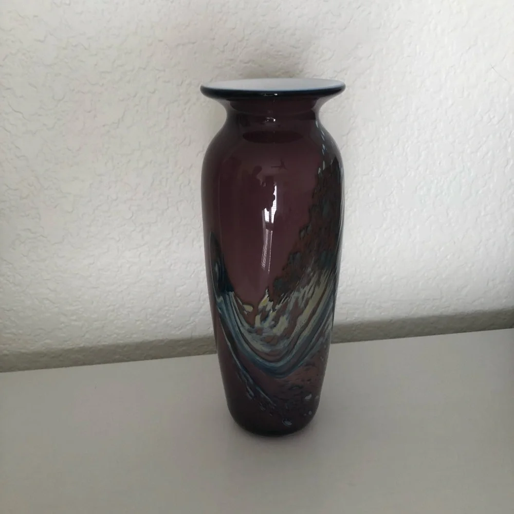 Art Blown Glass Vase~Purple/Metallic Iridescent Swirl